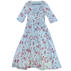 Marchesa Cream V Neck Printed Maxi Satin Dress For Party or Wedding w Pockets